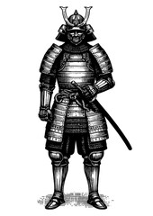Fototapeta premium traditional samurai warrior wearing full armor, holding a katana, historical Japanese culture sketch engraving generative ai PNG illustration. Scratch board imitation. Black and white image.
