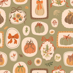 Salty caramel autumn pumpkins, bows and ribbon seamless pattern. Fall framed portraits of pumpkins, flowers, leaves, bow knots hanging on wall. Vector autumn patchwork print, wallpaper, background.