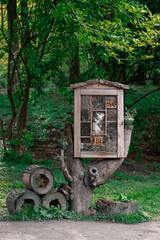 insect shelter ecology landscaped object wooden material life style concept in spring park space, vertical photography