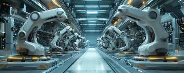 Obraz premium A vast AI-operated factory producing advanced robotics, endless rows of machinery, a sense of industrial power and precision