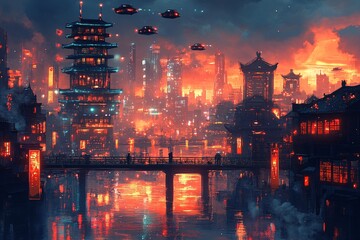 Fototapeta premium A futuristic cityscape blending ancient architecture with cutting-edge AI technology, neon-lit streets, towering skyscrapers, flying cars,