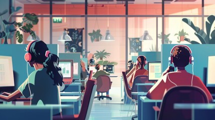 Dynamic call center environment, representatives engaged in client interactions, equipped with headsets, multiple screens displaying data and communications, bustling atmosphere of productivity
