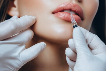 A skilled practitioner administers a hyaluronic acid injection to enhance the woman’s lips and improve her skin's appearance. Generative AI