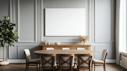 Elegant dining room with a blank canvas above the sideboard