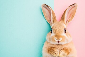 Obraz premium Cute brown rabbit on pastel blue pink background