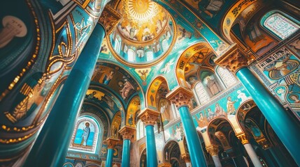 Obraz premium Byzantine Church Interior, showcasing elaborate mosaics adorned with vibrant colors and shimmering gold leaf, enveloping the domes and walls in divine artistry
