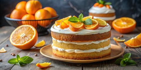 Citrus delight homemade orange cake with vanilla cream. Homemade bakery concept