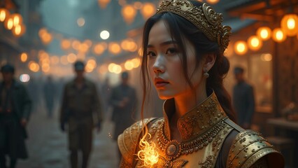 Woman face headgear armor city.