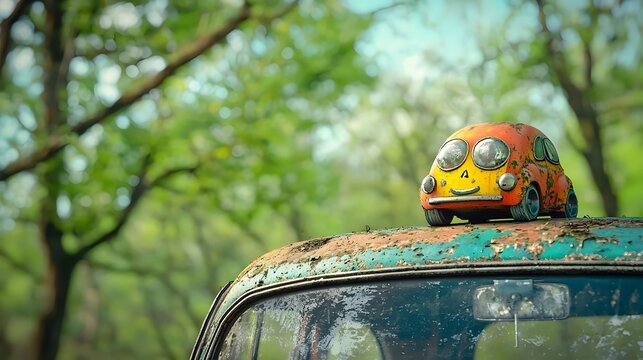 A child s toy left behind on top of a moving vehicle unexpectedly bouncing away mid drive capturing a moment of playful abandon and the ephemeral nature of childhood