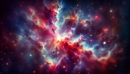 Obraz premium Vivid cosmic nebula with colorful interstellar clouds and glowing stars in deep space representing the birth of stars
