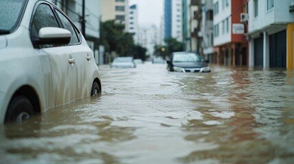 A flooded street with submerged cars, illustrating the impact of heavy rainfall in an urban area.