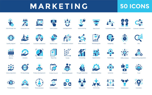 Marketing icon set with budgeting, roi, kpis, metrics, analytics, dashboard, reporting, trends, forecasting, segmentation, positioning, differentiation icon. Simple flat vector 
