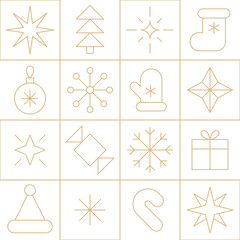 Gold line Christmas seamless pattern. Geometric gold white Christmas, New Year holidays icons patchwork grid background.