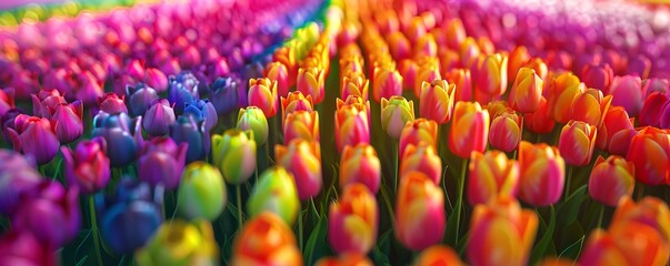 Fototapeta premium This image displays a vibrant array of colorful flowers, with a palette that transitions from deep blues to radiant pinks, all set against a backdrop of lush green grass.