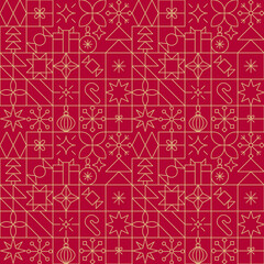 Gold line Christmas seamless pattern. Minimalist geometric festive gold red New Year holidays linear icons background.