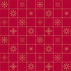 Gold line Christmas seamless pattern, stars, snowflakes. Geometric festive red New Year holidays patchwork background.