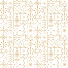 Gold line Christmas motifs seamless pattern. Mid Century modern Christmas, New Year holidays linear icons background.