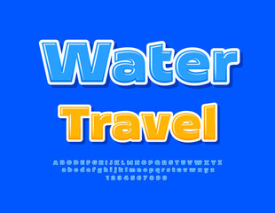 Vector creative Emblem Water Travel. Blue Glossy Font. Artistic Alphabet Letters and Numbers set.