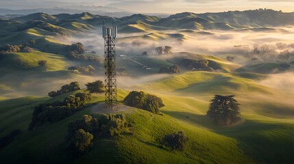 A solitary cell tower silhouetted against the hazy mist shrouded hills bathed in the warm glow of the rising sun This atmospheric landscape captures the merging of technology and nature in a serene