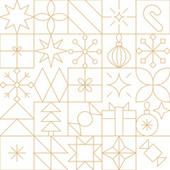 Gold line Christmas motifs seamless pattern. Modern geometric Christmas, New Year holidays linear icons background.