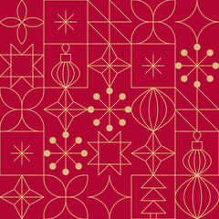 Gold line Christmas motifs seamless pattern. Mid Century modern Christmas, New Year holidays linear icons background.