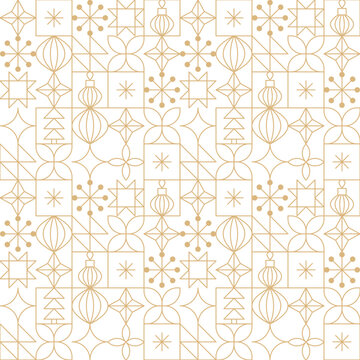 Gold line Christmas motifs seamless pattern. Mid Century modern Christmas, New Year holidays linear icons background.