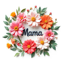 Floral Wreath. Happy Mothers Day beautiful greeting card. Bright realistic illustration with colorful trend floral pattern and mothers day lettering MAMA. Traditional folk flowers bouquet.