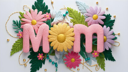 Happy Mothers Day beautiful greeting card. Bright realistic illustration with embroidery colorful trend floral pattern and mothers day lettering. Traditional folk flowers bouquet.
