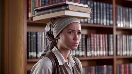 A personable image of a woman carrying a pile of books on her head, a great concept for illustrating literary themes or intellectual pursuits