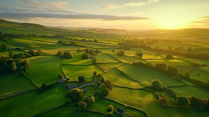 Breathtaking aerial view of lush rolling farmland bathed in warm golden sunlight just after dawn creating a serene and picturesque rural landscape