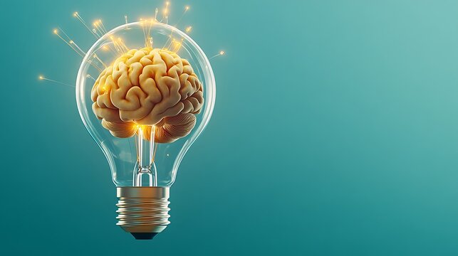 A realistic brain floats inside a transparent, vintage-style light bulb, softly glowing with a warm light. Electrical filaments wrap around the brain, visually connecting thoughts to creative sparks.