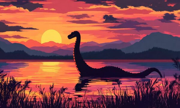 loch ness monster swims in the lake at sunset