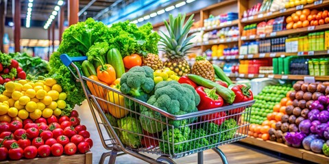 Obraz premium Shopping Cart Full of Fresh Fruits and Vegetables Including Broccoli, Healthy Eating, Organic Produce, Grocery Shopping, Nutrition, Colorful Ingredients, Farm to Table
