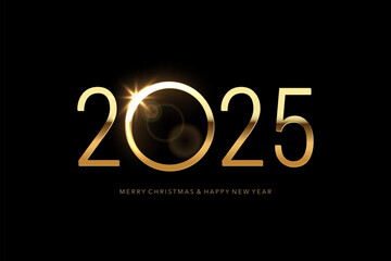 2025 Happy New Year background. Greeting card with gold numbers template. Festive Christmas horizontal social media banner design with congratulations. Realistic vector illustration on black.