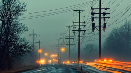Captivating time lapse image showcasing the dynamic interplay between power lines and the blurred headlights of passing cars creating an electrifying and futuristic urban landscape