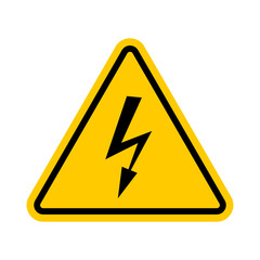High voltage sign with lightning. Symbol of electric threat alert. Danger alert yellow triangle traffic mark vector illustration isolated on transparent.