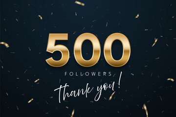 500 followers celebration banner. 3d social media achievement poster. Five hundred followers thank you lettering with golden sparkling confetti ribbons on dark blue background. Vector illustration.