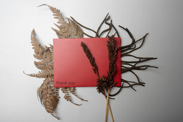 Top view of red envelope and postcard with brown leaves and words Thank You written on it