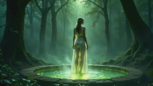 A mystical scene of a blonde woman standing in a pool of water in a forest. She is dressed in a flowing, ethereal gown, bathed in soft green light, surrounded by tall trees, evoking a fairy-tale or fa