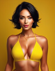 studio portrait of brunette woman with short hair wearing a yellow bikini on yellow background	
