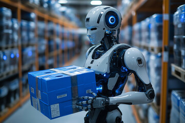 Fototapeta premium Photo of an AI robot carrying a blue cargo box in its hands on the warehouse floor, next to a line or loading dock. 3d illustration. Concept digital.