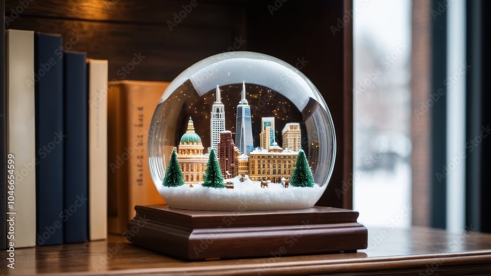 Wall mural Beautifully crafted city-themed snow globe on a wooden base, ideal as a travel souvenir and for collectors