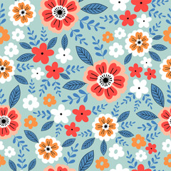 Seamless pattern with colorful flower blossom garden. Cute hand drawn floral pattern for your fabric, summer background, wallpaper, backdrop, textile.
