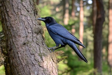 Obraz premium Majestic black raven perched on tree in the