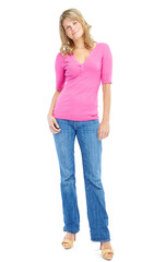 Fototapeta premium Happy, style and portrait of woman in studio with casual, colorful and trendy outfit for confidence. Smile, high heels and female person from Germany with pink tshirt for fashion by white background.