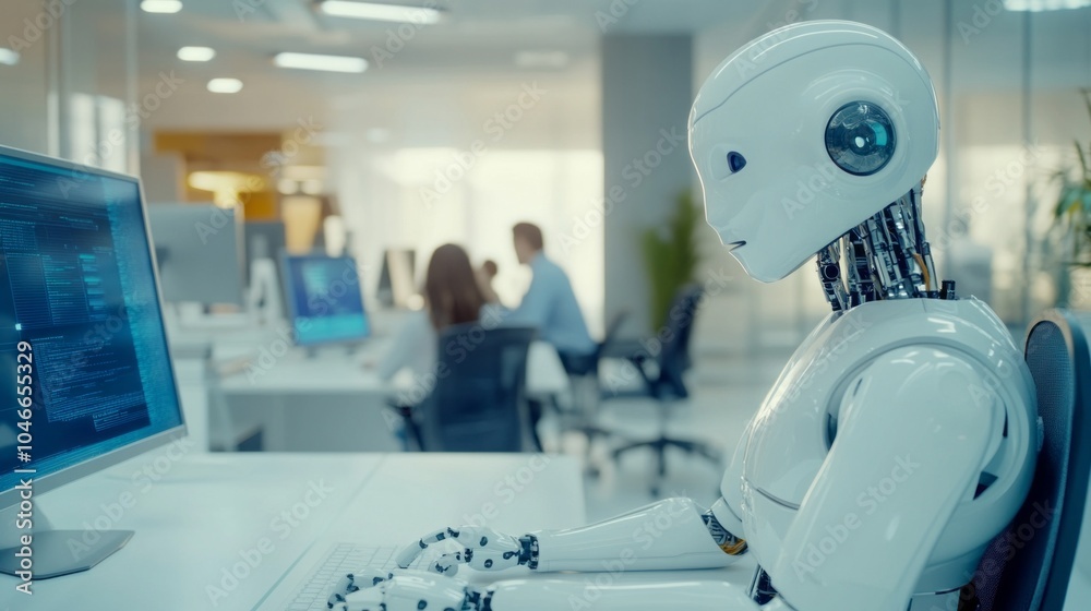 Leinwandbilder a robot is sitting at a desk in front of a computer monitor