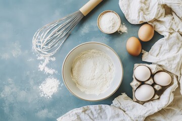 Flat lay baking setup with eggs, flour, and whisk on a blue background.