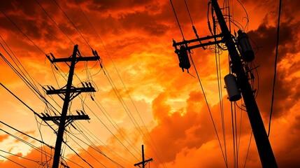 Dramatic silhouettes of utility poles standing tall against a fiery ominous sky just moments before a powerful thunderstorm strikes  Electricity lines run through the turbulent