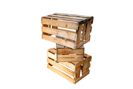 Pile of wooden crate isolated over white background. Wooden pallet box