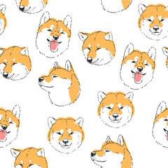 Vector hand-drawn seamless pattern with cute Shiba Inu isolated on a white background. Endless texture with spotted dogs in sketch style.